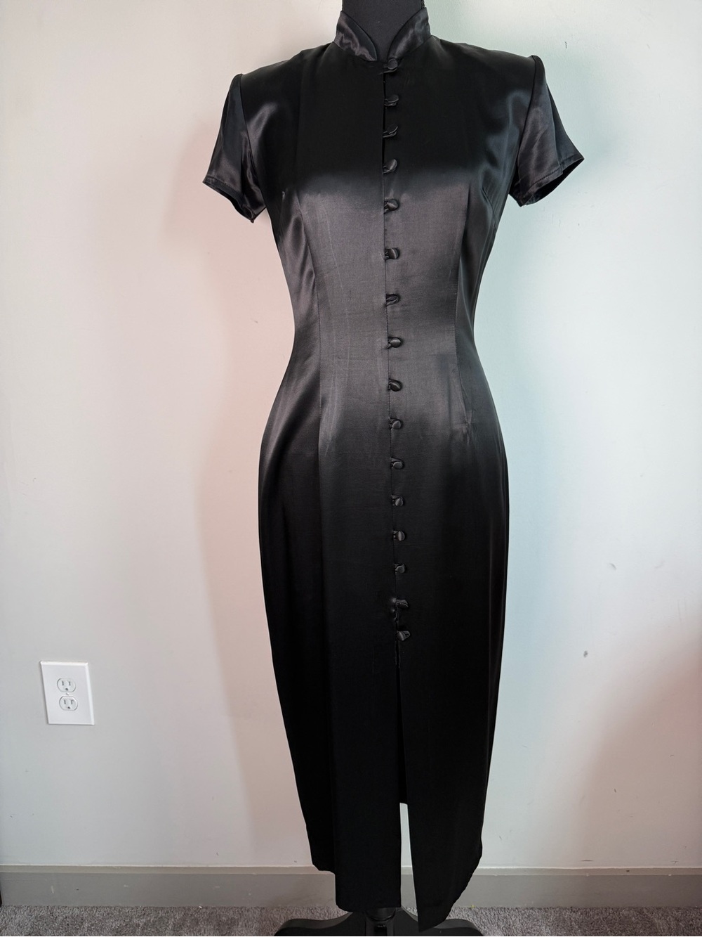 Ashlee Whimsigoth 90s Black Satin Cheongsam Sheath Dress Sz 4